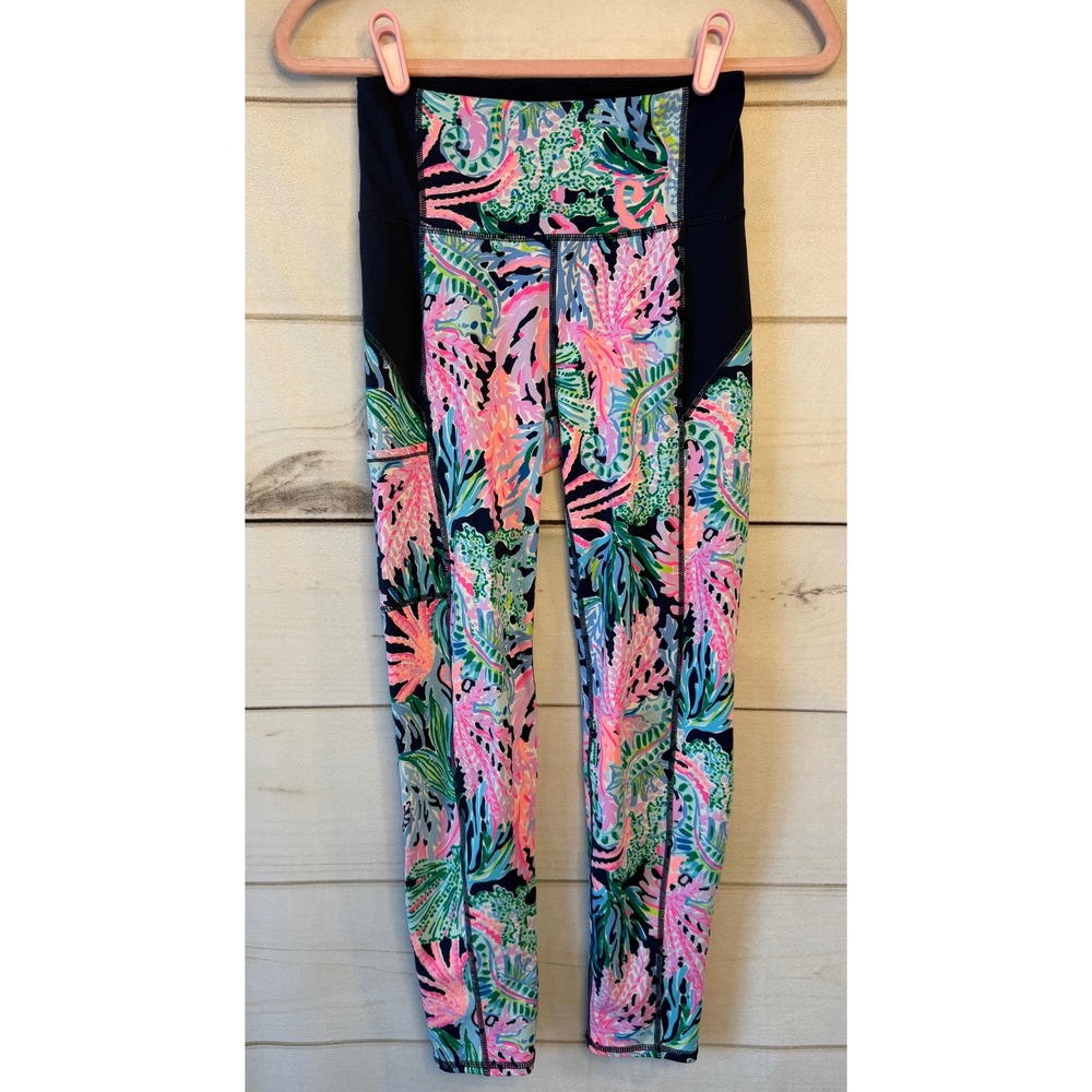 Lilly Pulitzer Luxletic High Rise Tropical Floral Leggings Navy Pink XS RN88189